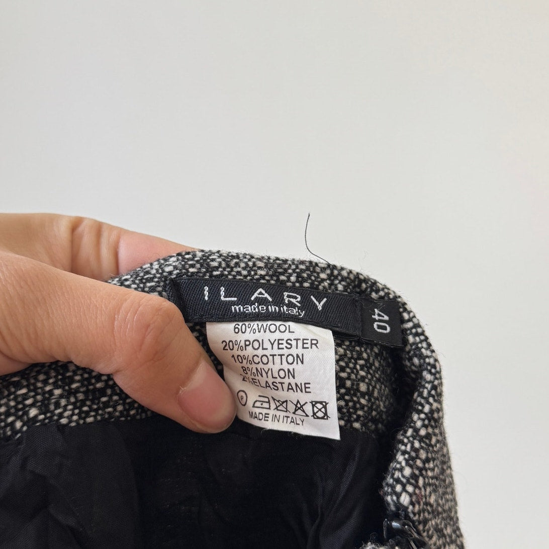 Vintage Italian grey tweed wool blend midi skirt with asymmetric flared hem and black lace underlayer (XS)