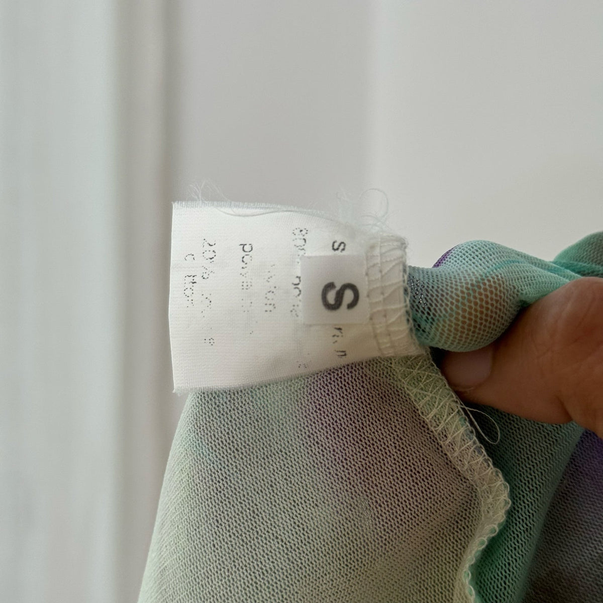 Sonia Fortuna Italian vintage turquoise floral mesh top with crochet ruffle neckline & cap sleeves