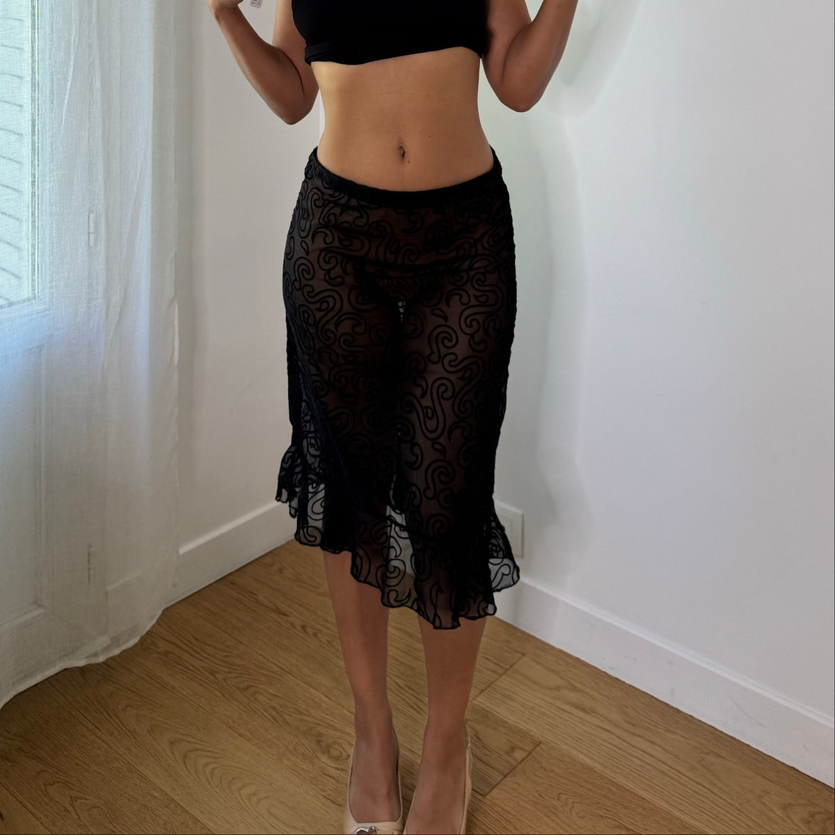Vintage Black Sheer Velvet Swirl Mesh Midi Skirt (S)