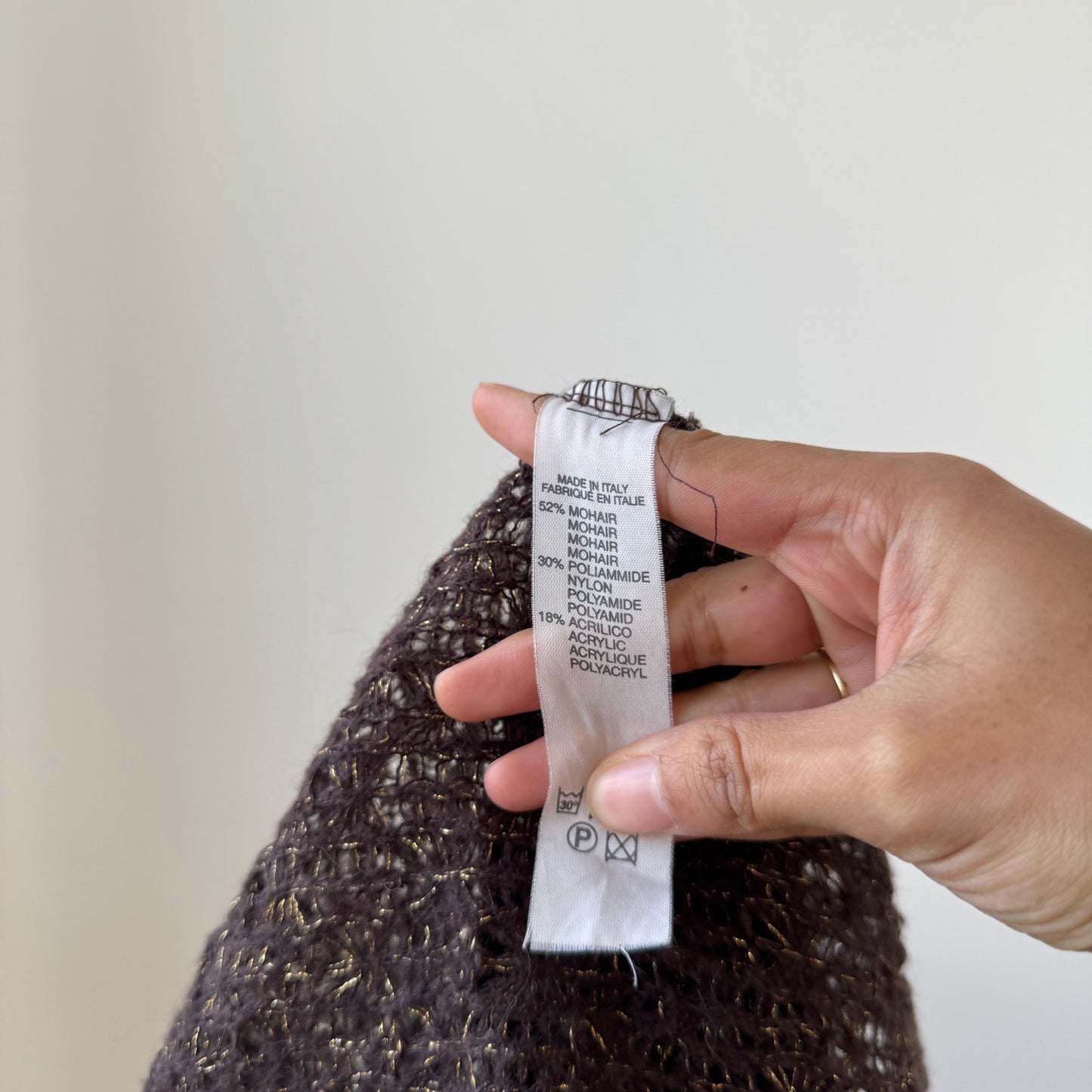 Vintage brown sheer mohair ruffle cardigan with gold metallic threads (XS)