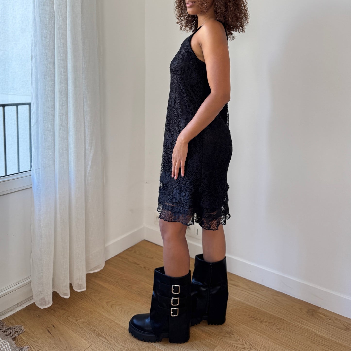 Vintage European Black Lace Slip Dress with Scalloped Hem (S/M)