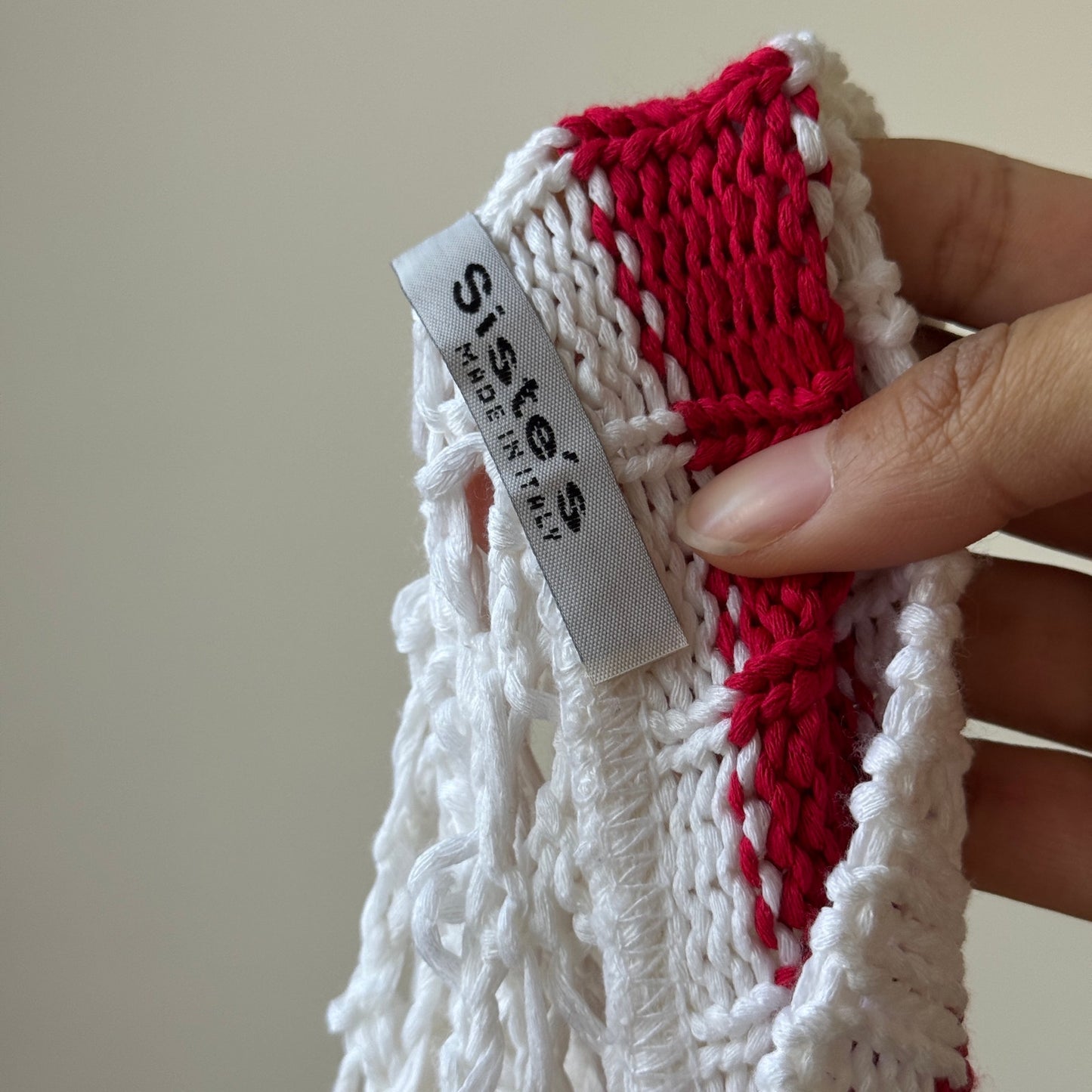 Vintage Italian open-weave crochet sweater with striped rib trim by Siste’s S/M