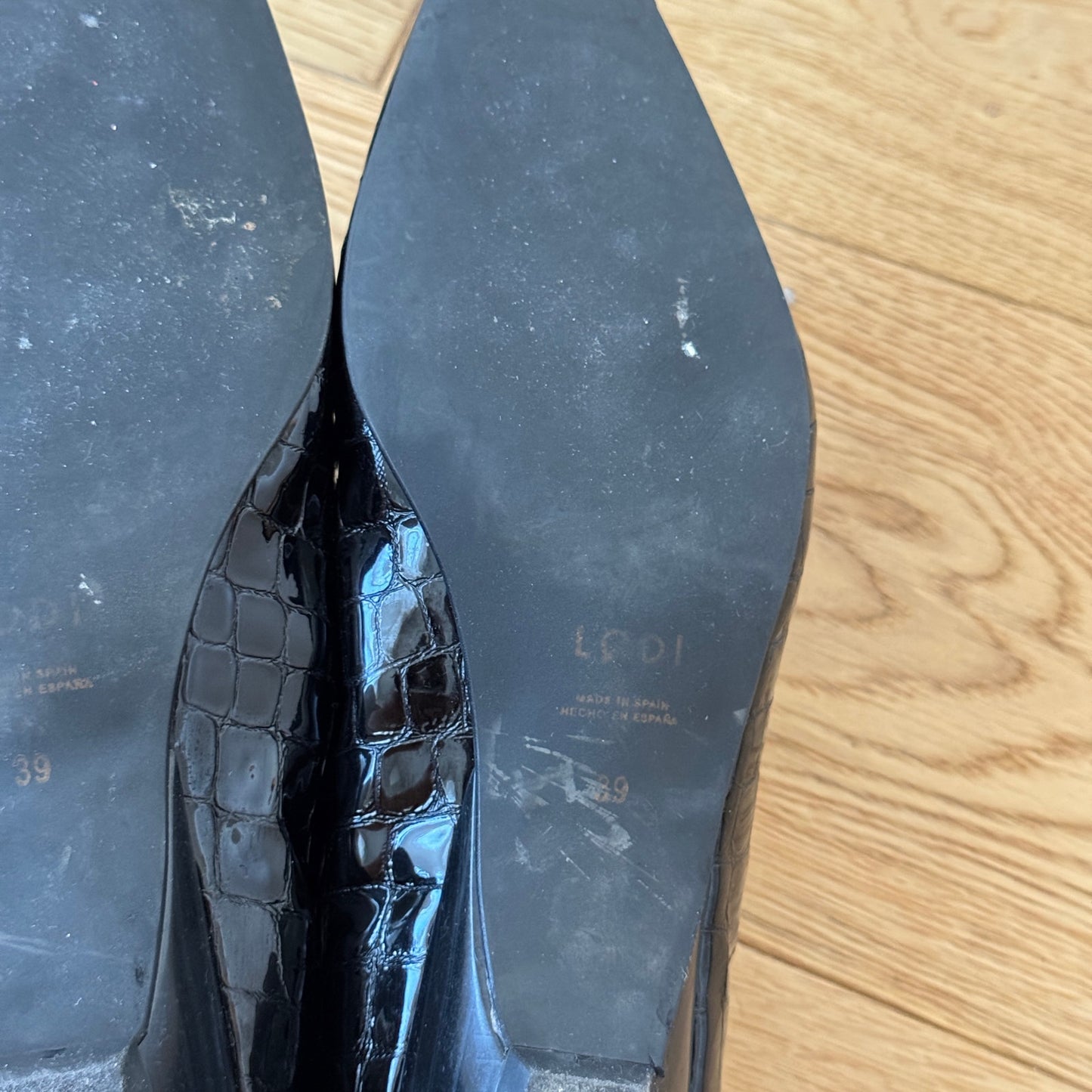 Vintage Black Patent Leather Ballerinas Croc Embossed Zip Detail Made in Spain (EU 39 / US 8.5)