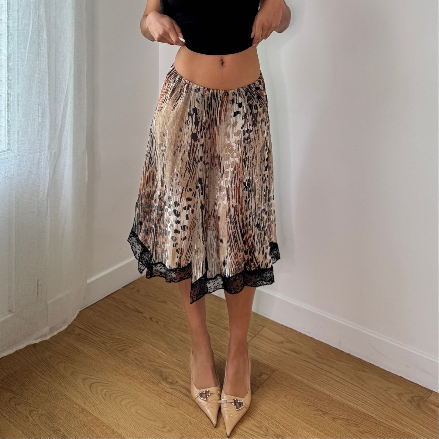 Vintage Animal Print Pleated Midi Skirt Italian Y2K Lace Hem Skirt (S) ⠀