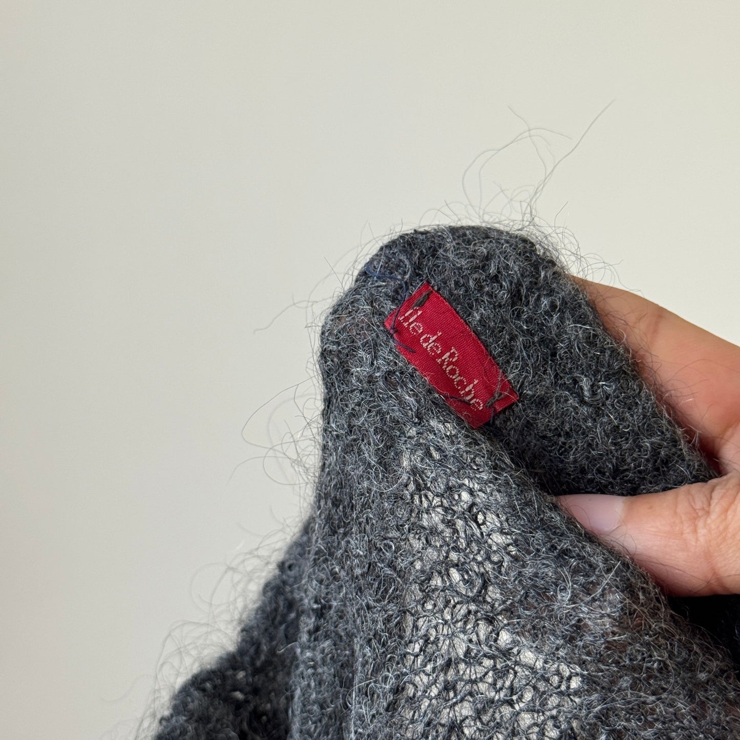 Vintage Charcoal Grey Fuzzy Knit Mock Neck Sweater with Lace Sleeve Detail (S/M)