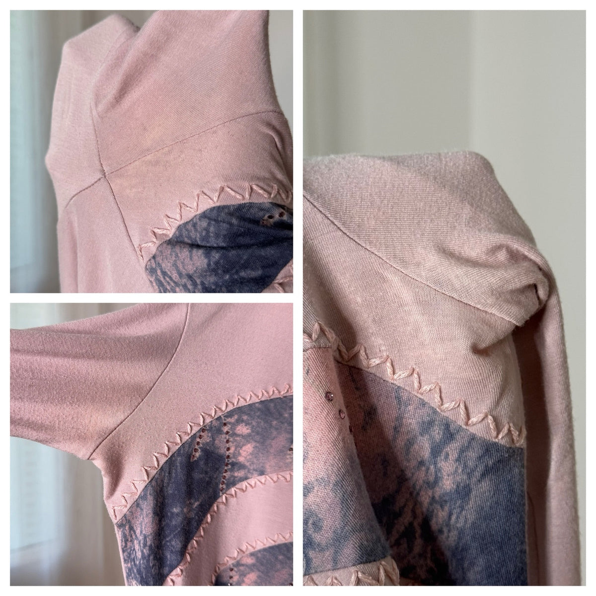 Italian vintage Y2K pink and blue two-piece set with slinky long sleeve top and embroidered silk mesh midi skirt