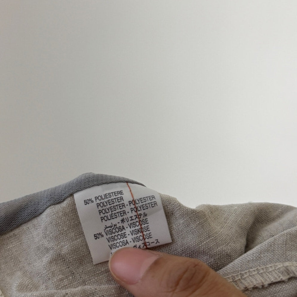 Vintage euro silver grey organza tie front semi sheer long sleeve top with draped collar and button front (S)