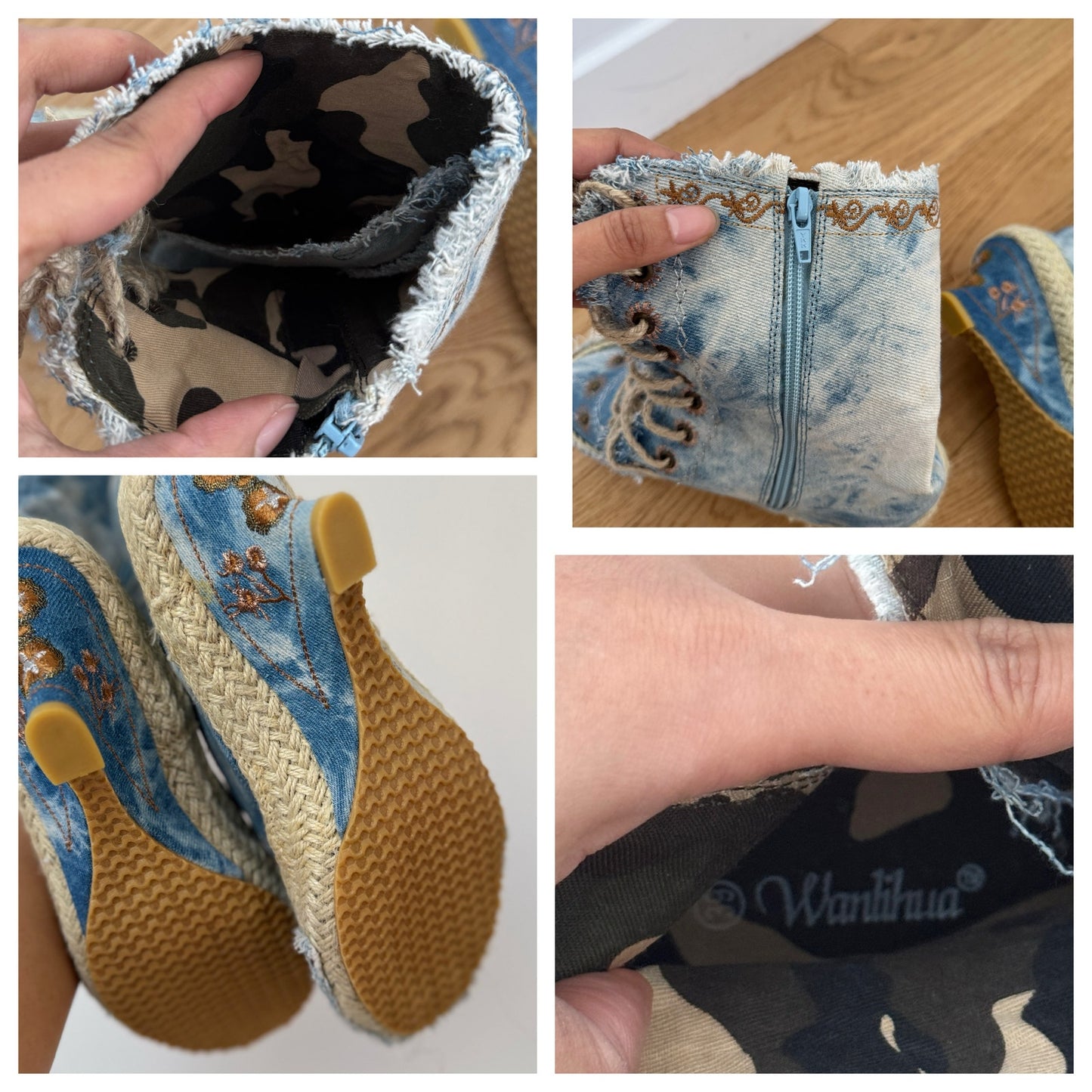 Vintage Denim Embroidered Lace-Up Wedge Boots Frayed Detail (EU 39 / US 8.5)