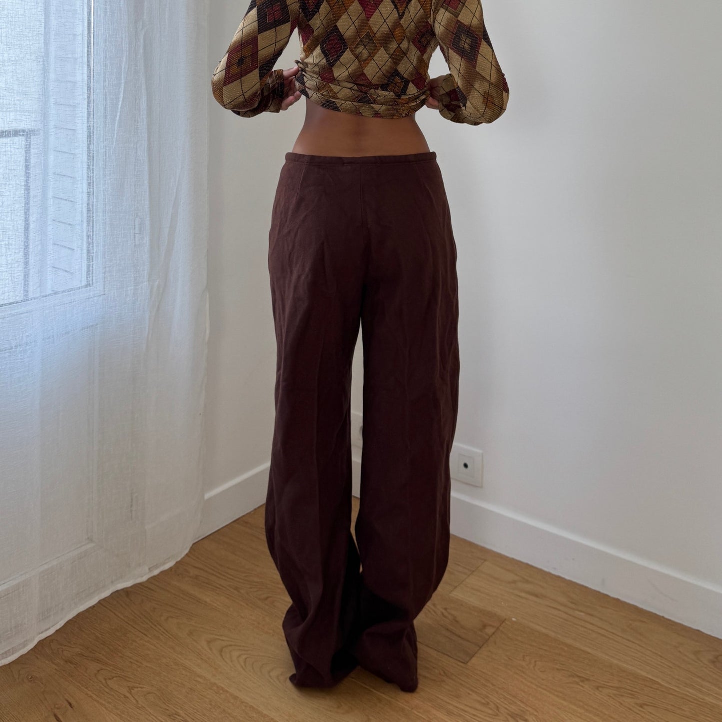 Vintage Euro shimmer argyle mesh-knit fitted long sleeve top (Small)