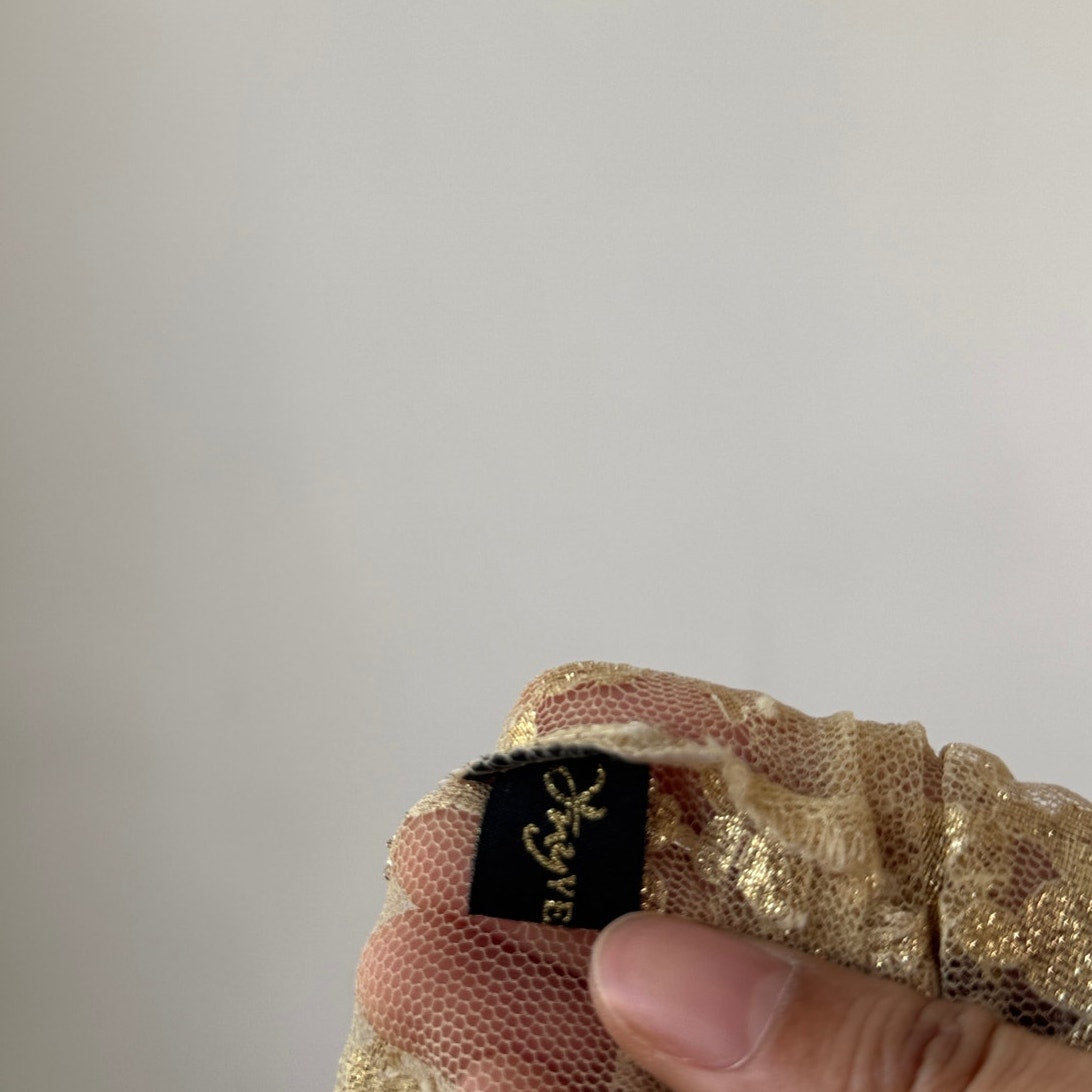 Vintage Gold Lace Sheer Button Up Blouse Satin Trim Fitted (S)