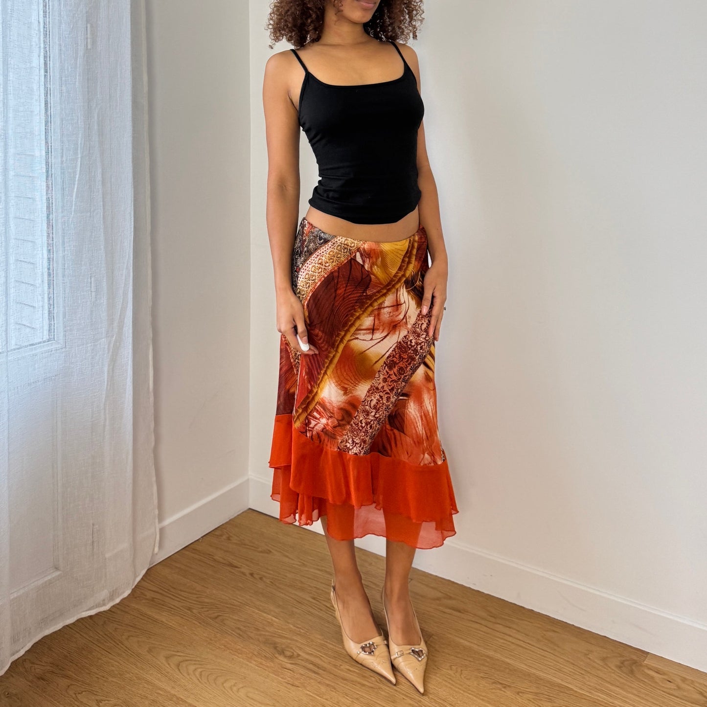 Vintage Italian Orange Abstract Print Mesh Midi Skirt Asymmetrical Ruffle Hem (S)