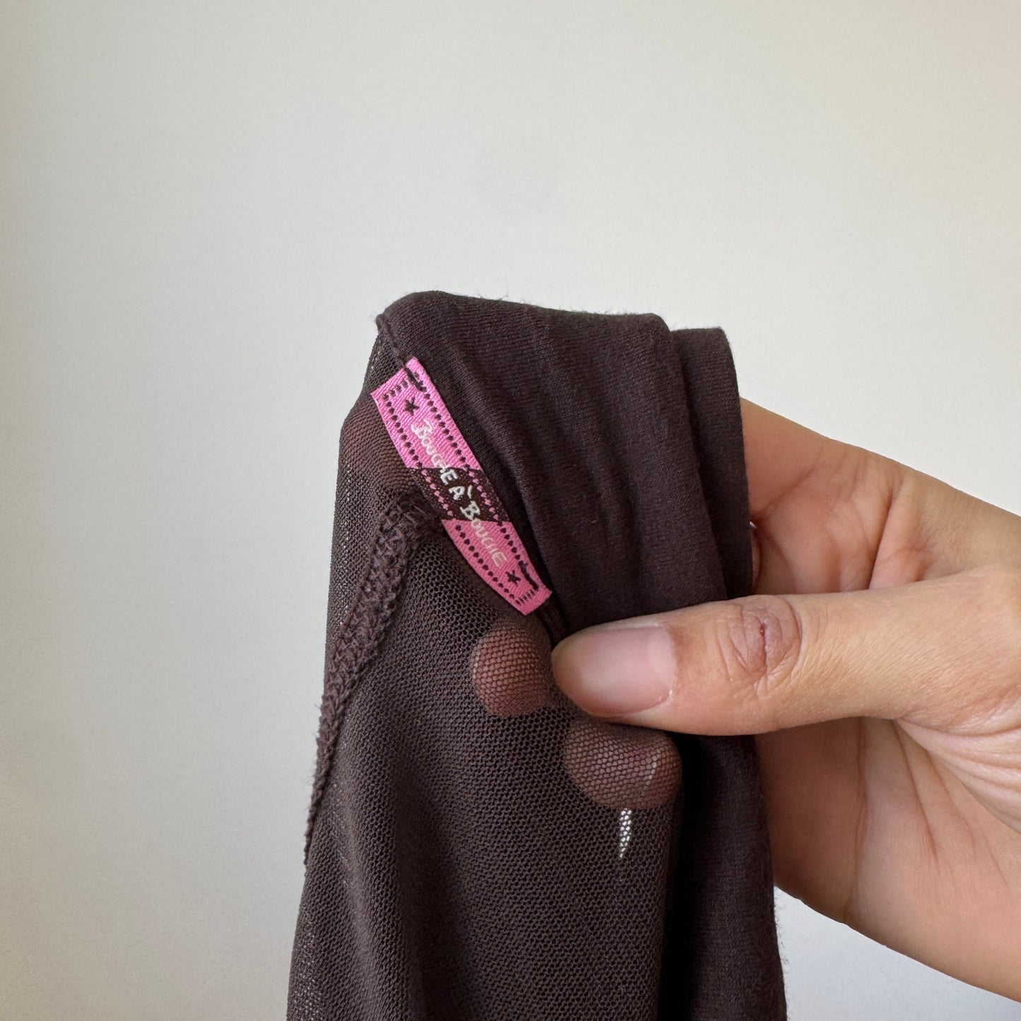 Vintage French chocolate brown semi sheer mesh ruffle blouse with pintuck detailing (S)