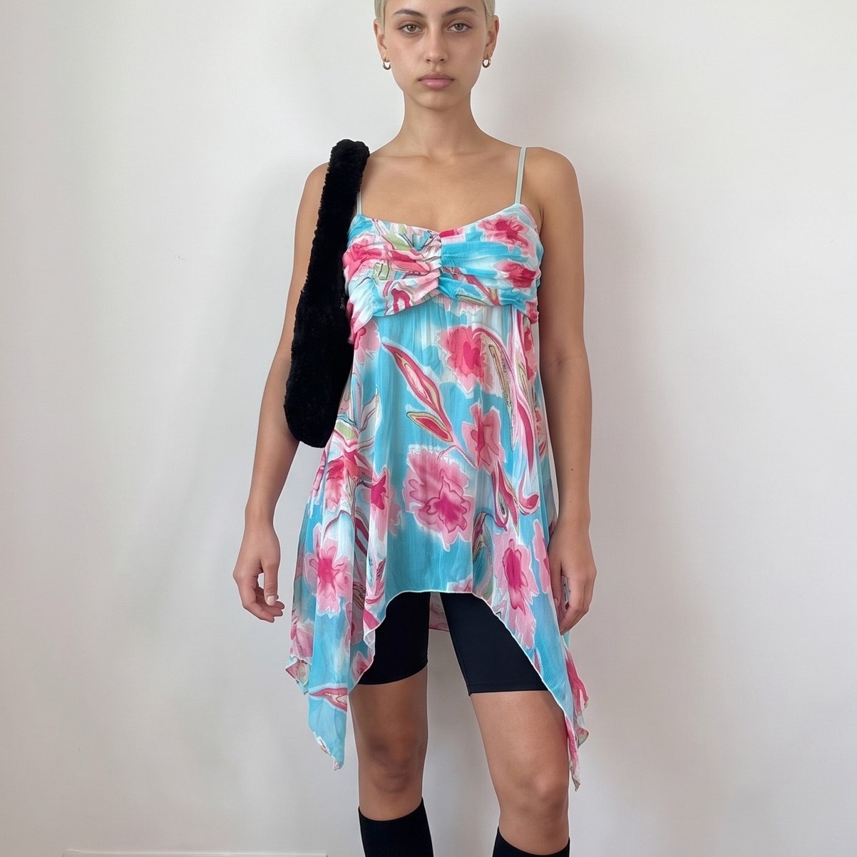 Vintage Blue Pink Floral Mesh Asymmetrical Tunic Top Y2K (M)
