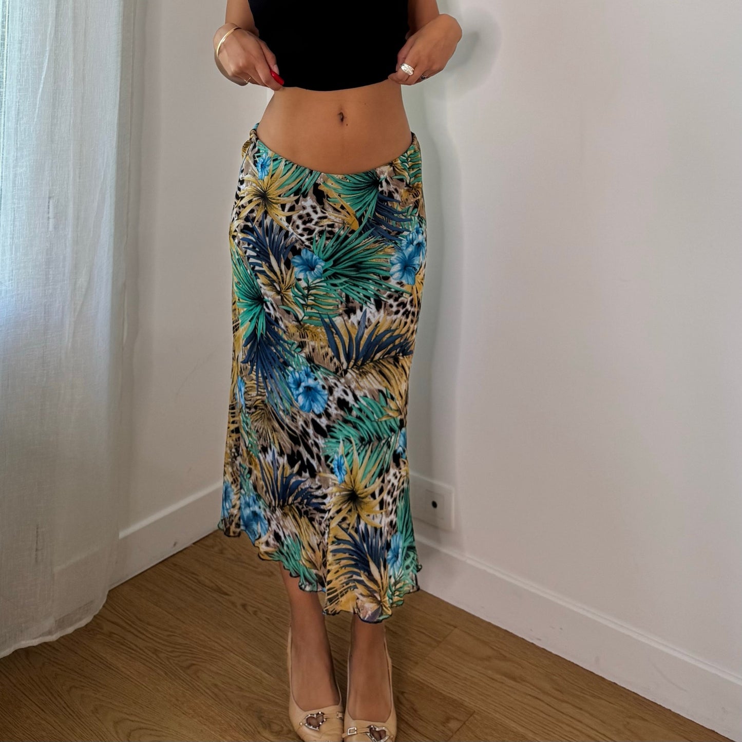 Vintage Green Blue Brown Tropical Animal Print Mesh Midi Skirt Euro Y2K (S)