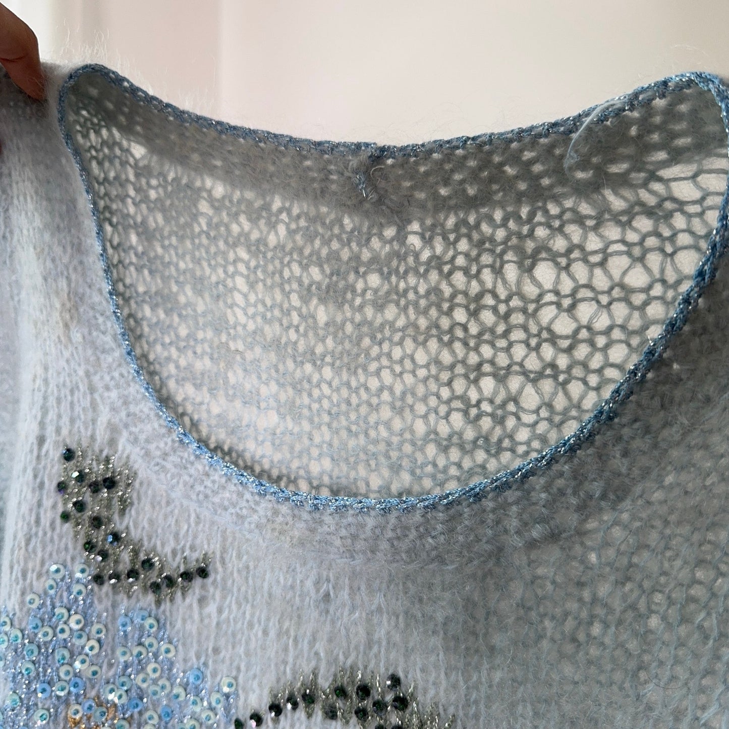Vintage Baby Blue Mohair Blend Floral Sequin Sweater Italian Y2K Fuzzy Knit Top (S/M)
