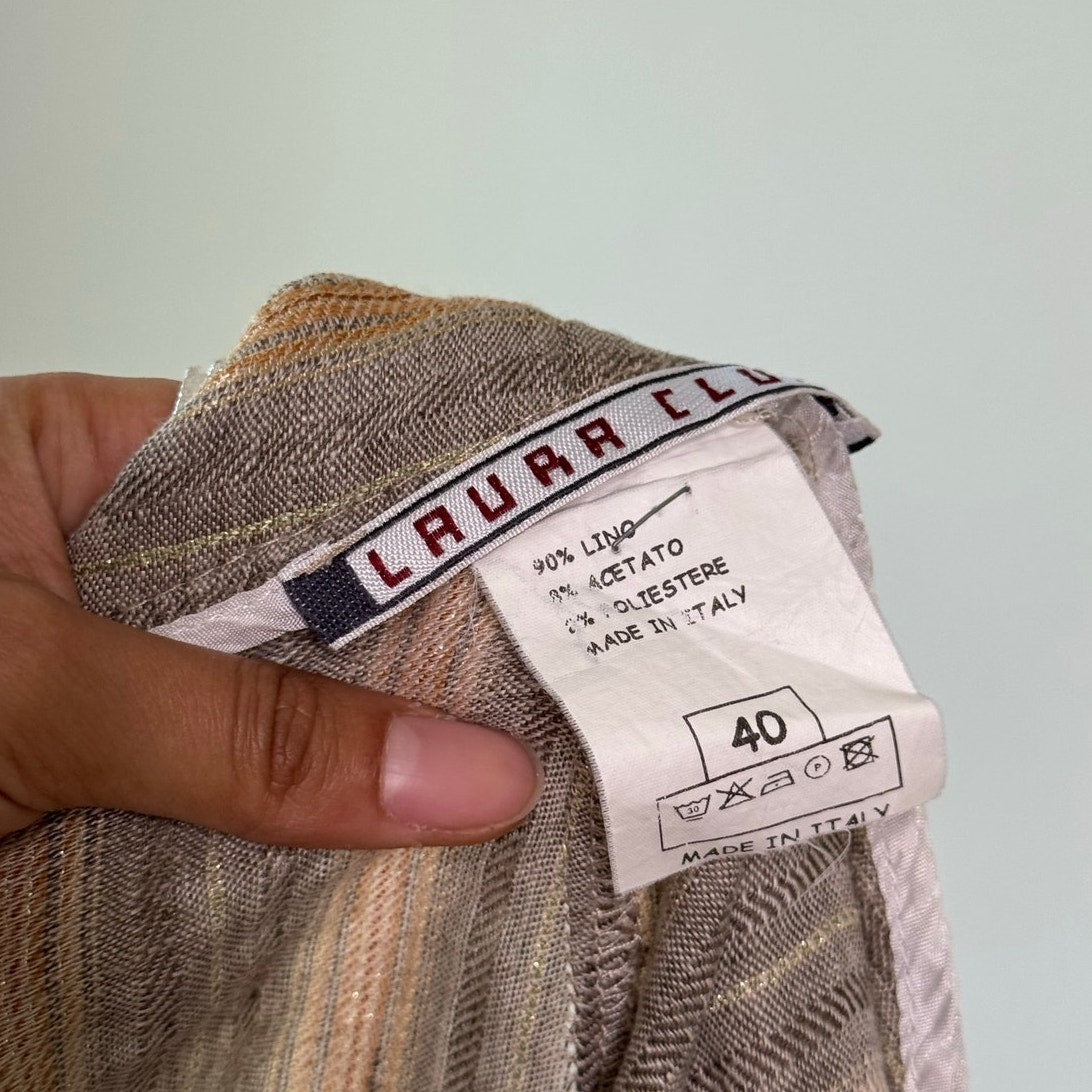 Vintage Italian Linen Metallic Stripe Trousers Y2K Cropped Pants (S)