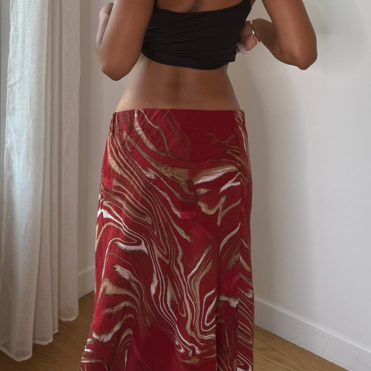 Vintage Red Abstract Print Mesh Midi Skirt (S/M)