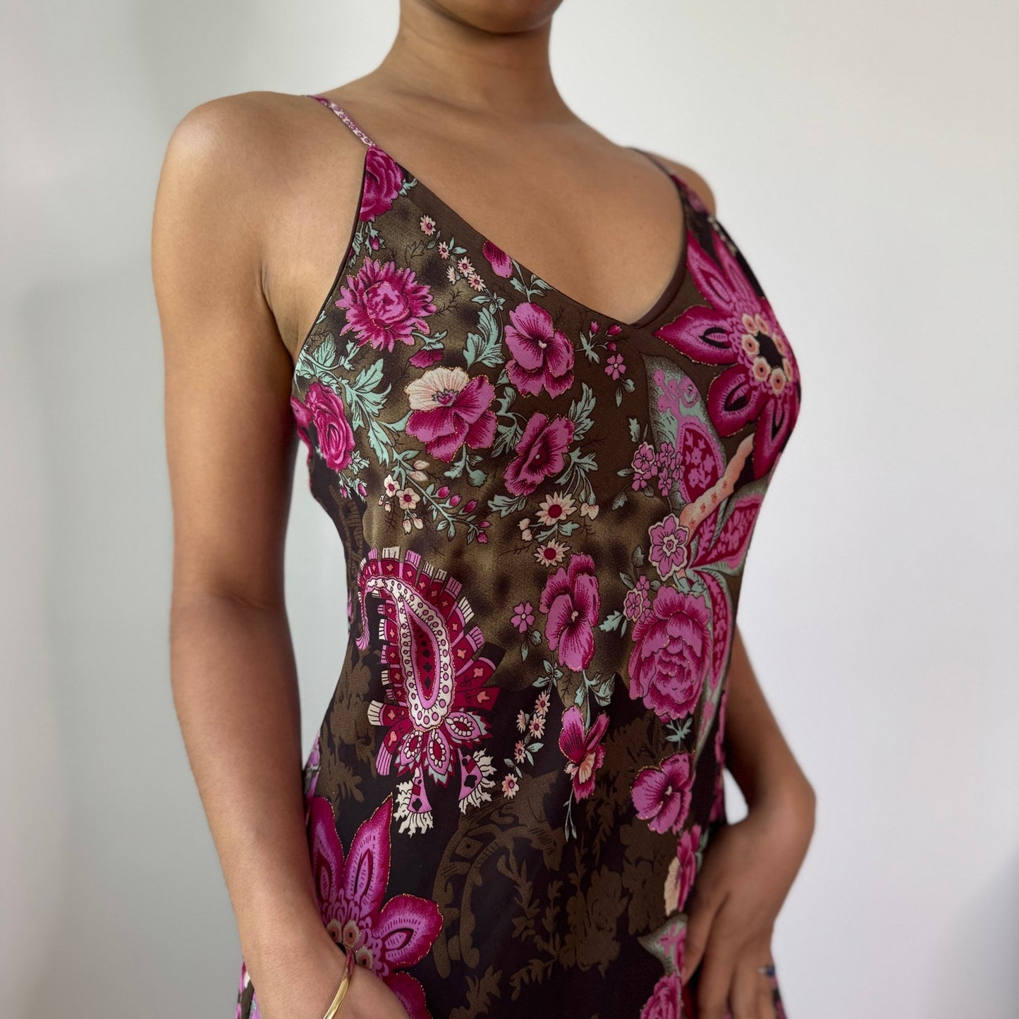 Vintage Brown Pink Floral Mesh Midi Dress Y2K Fairy Grunge Slip Dress (M) ⠀