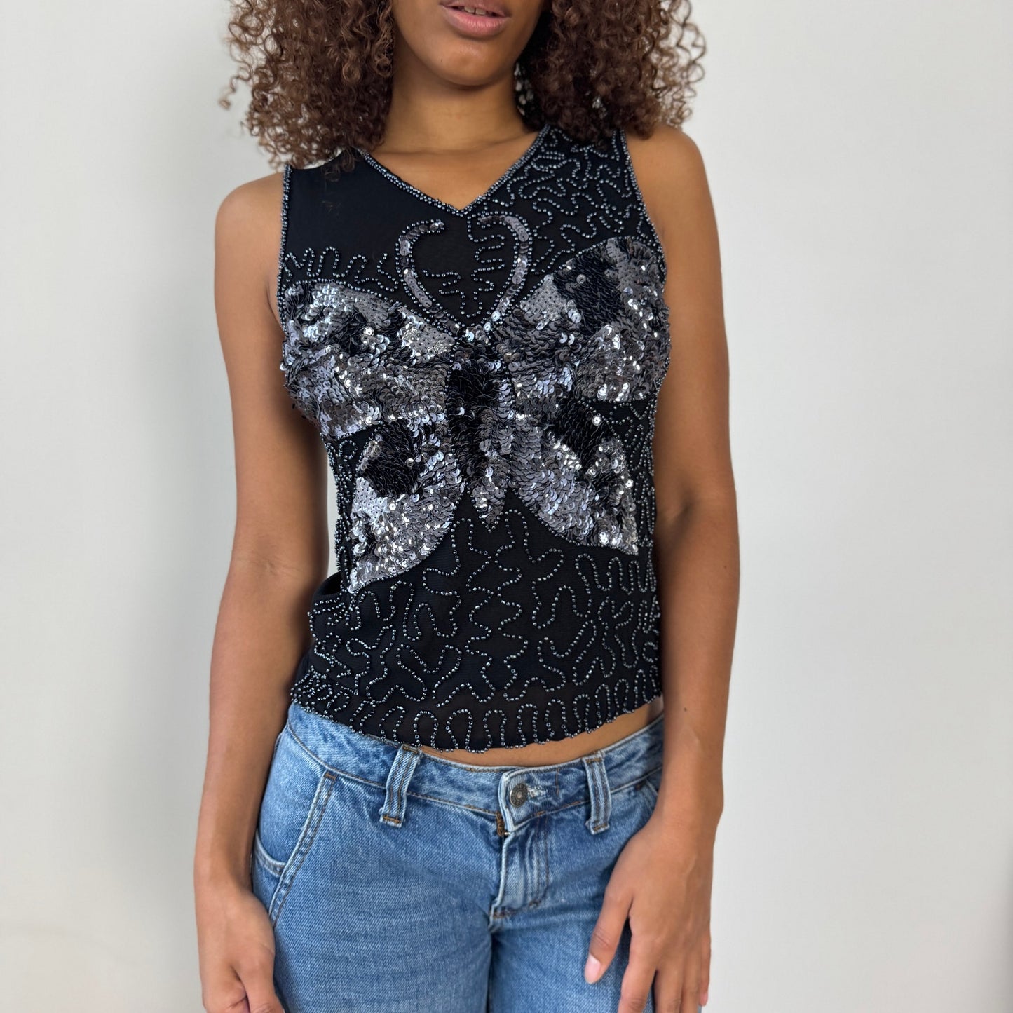 Vintage Euro black mesh sequin butterfly top (Small)