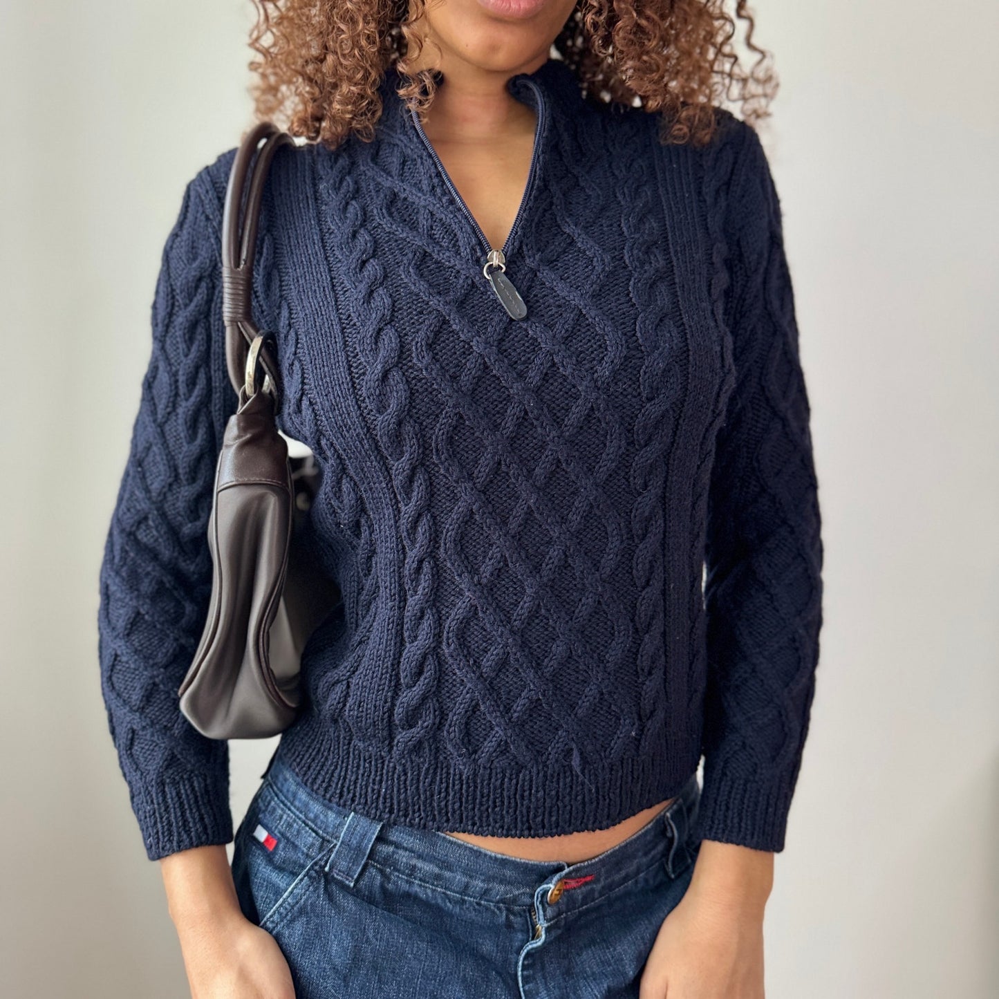 Vintage Italian Navy Cable Knit Half Zip Sweater High Neck Wool Blend (S)