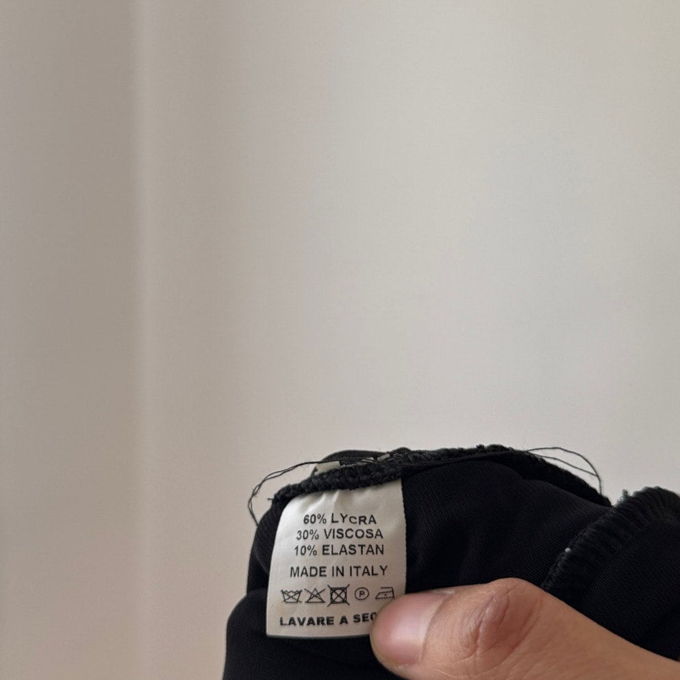 Vintage Italian Black Slinky Midi Skirt Floral Lace Side Panels Fitted (S)