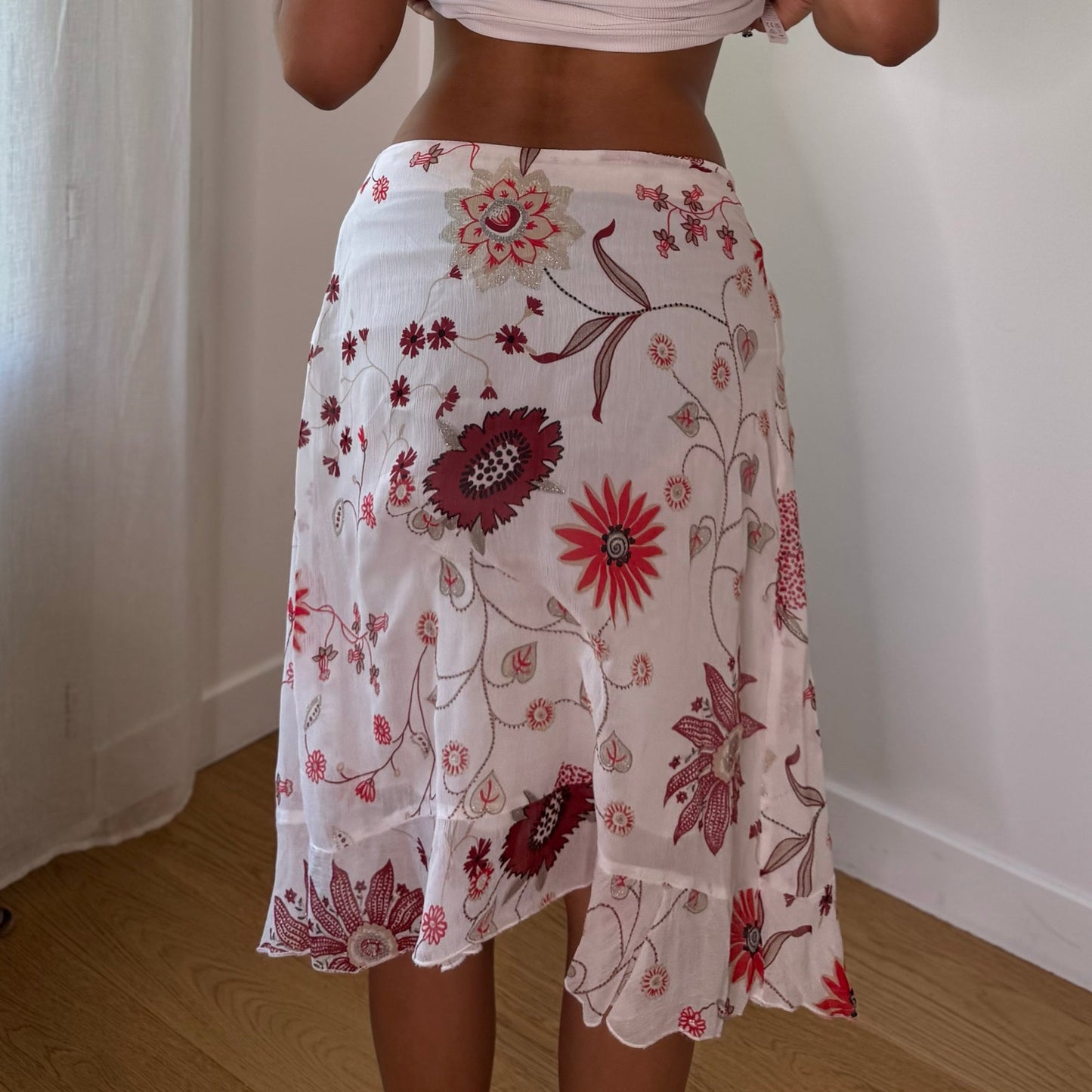 Vintage White Red Pink Floral Glitter Mesh Asymmetrical Midi Skirt Y2K (S)