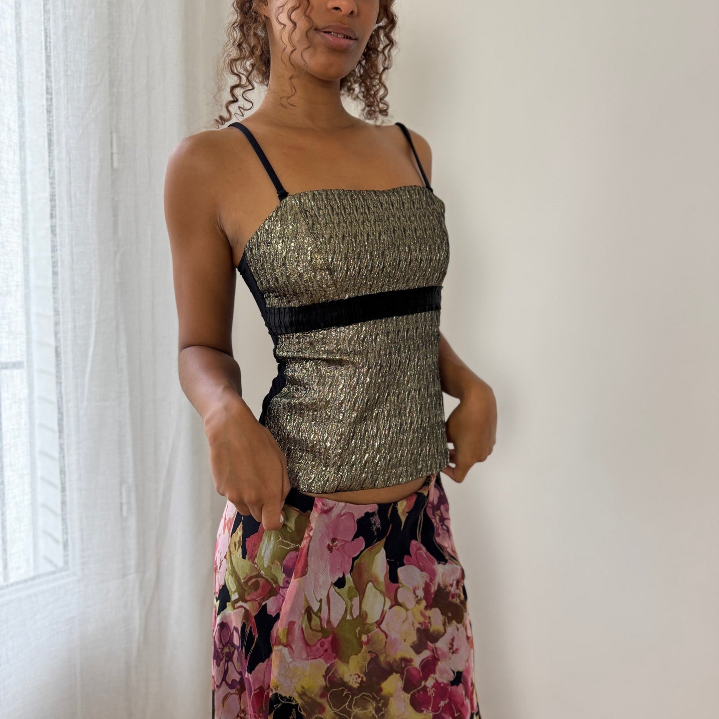 Vintage Gold Metallic Bustier Cami Black Velvet Trim Euro Y2K (S)