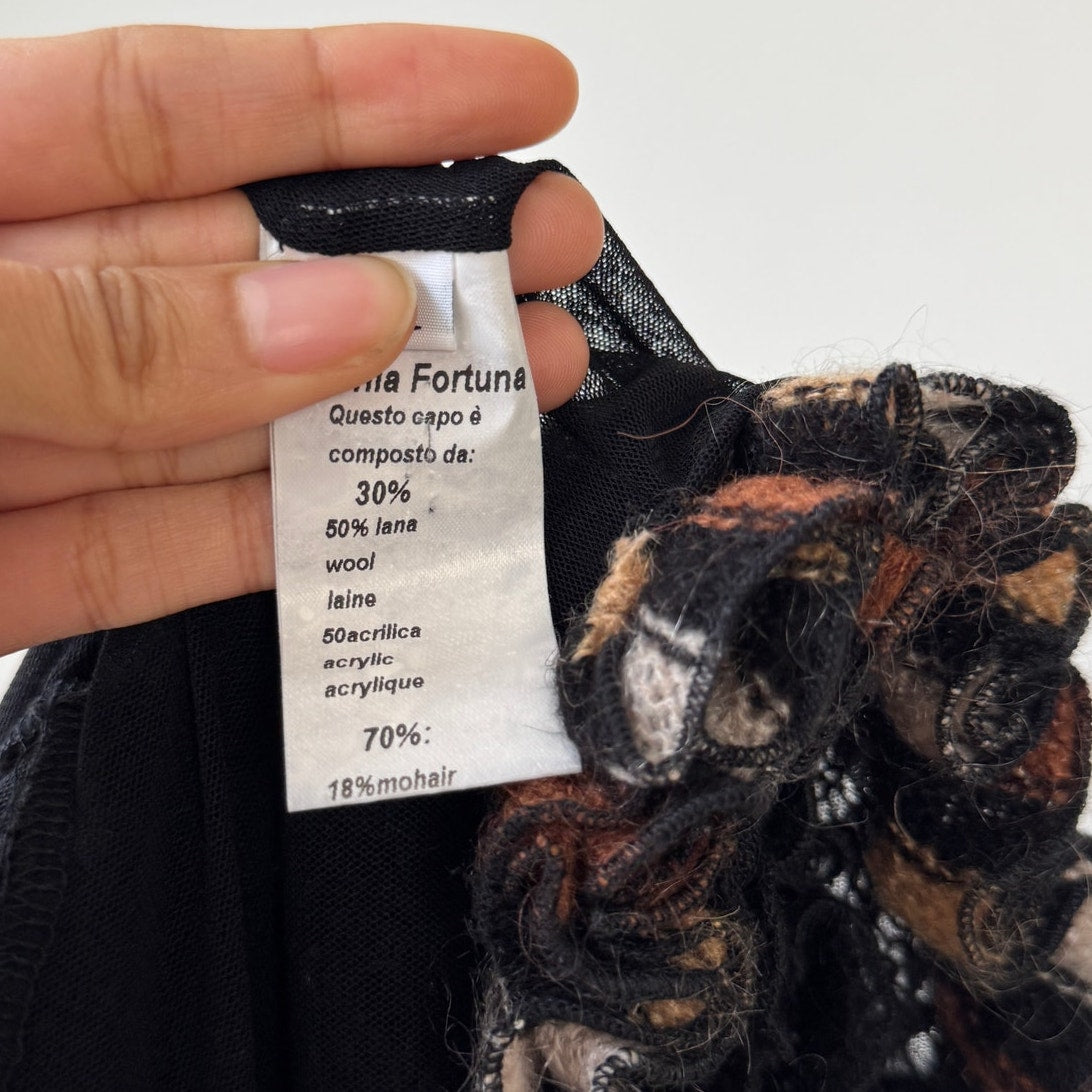 Vintage Italian black wool mohair 2 piece set with embroidered cami and ruffle trim cropped cardigan by Sonia Fortuna (S/M)