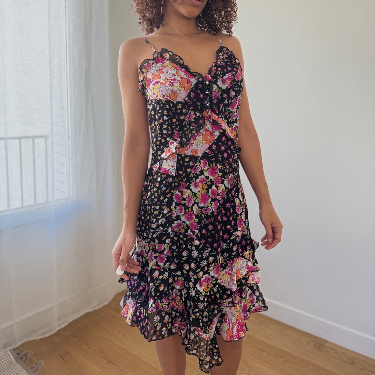 Vintage Italian Patchwork Floral Mesh Dress with Ruffle Hem (M)