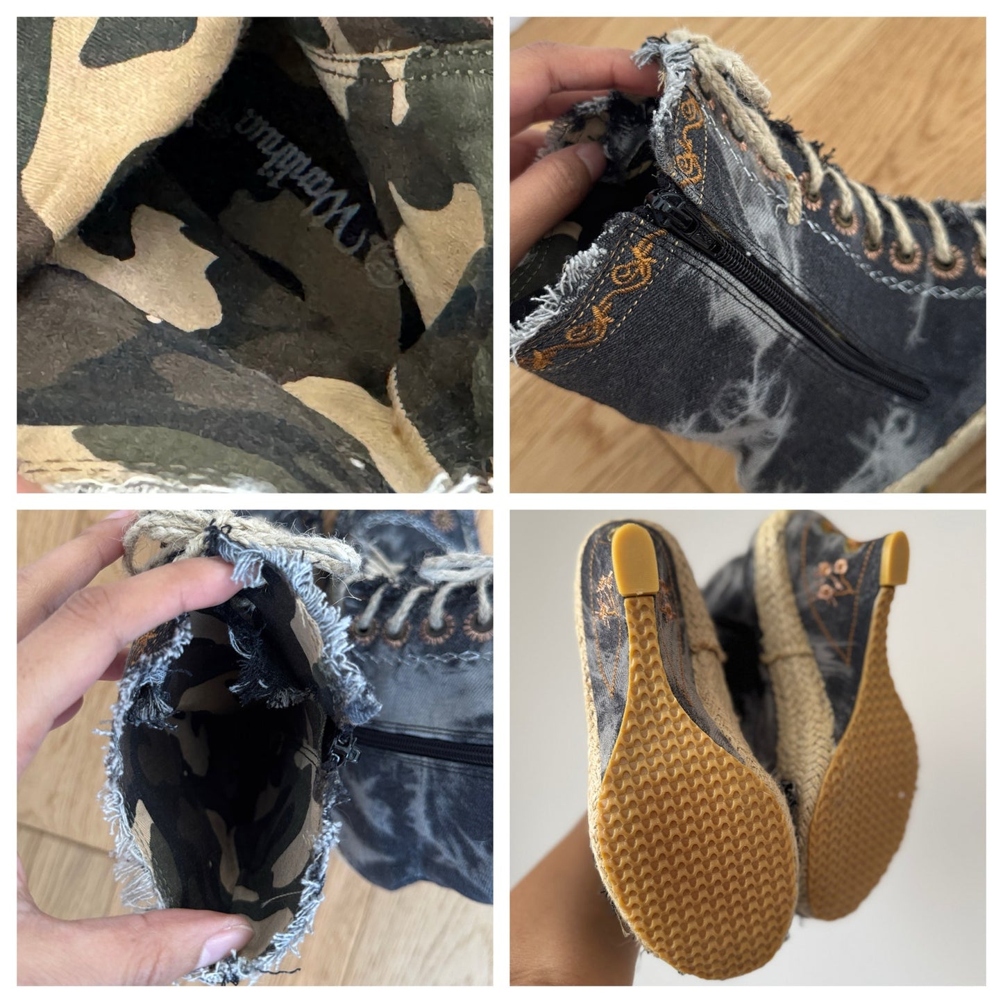 Vintage Denim Embroidered Lace-Up Wedge Boots Frayed Detail (EU 38 / US 8)