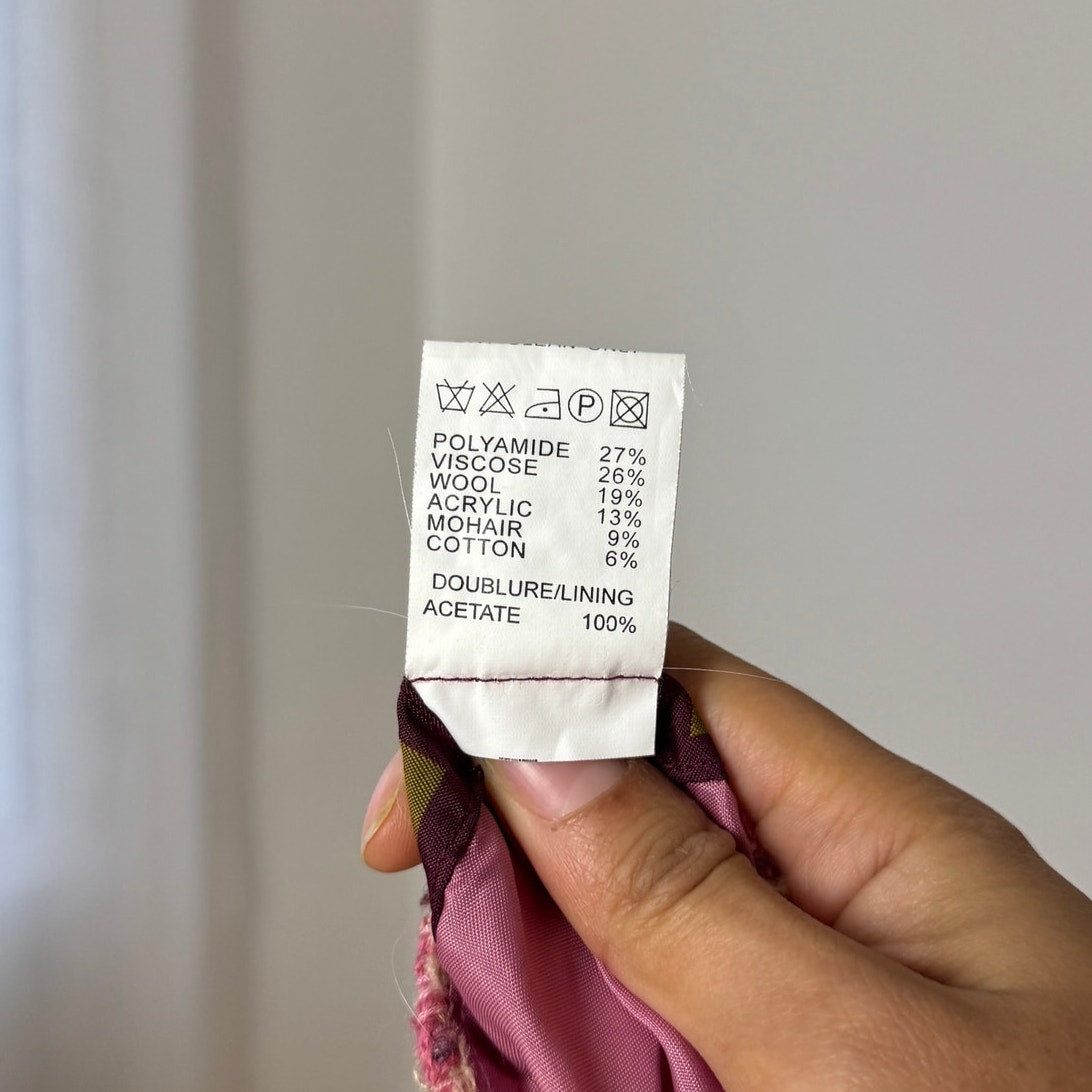 Vintage Italian pink textured tweed midi skirt with floral applique lace hem (S)