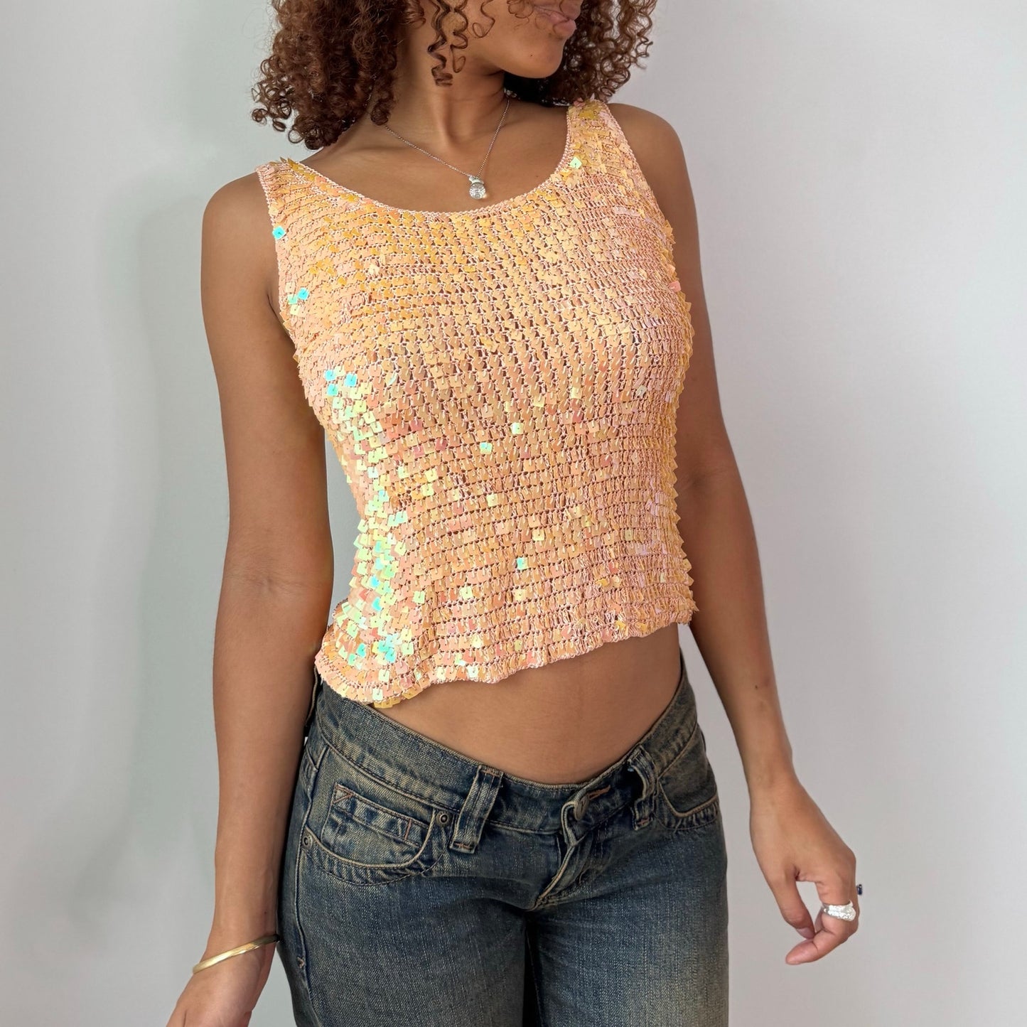Vintage Peach Sequin Knit Tank Top Y2K Euro Sparkle Top (S)
