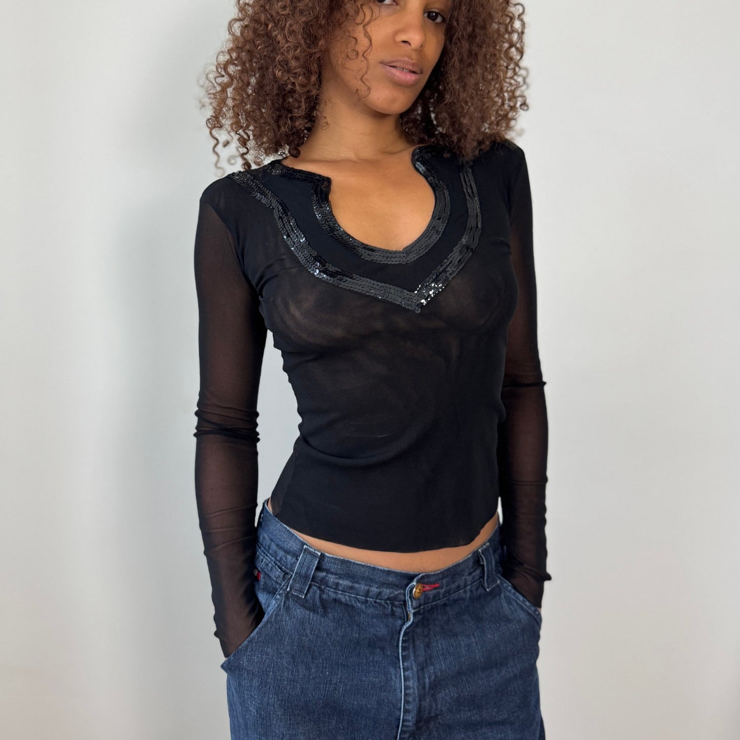 Vintage Euro Black Mesh Long-Sleeve Top with Sequin V-Neck (XS/S)