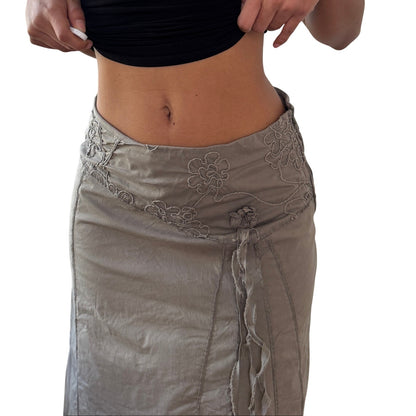 Vintage Khaki Cotton Embroidered Midi Skirt Tie Detail Y2K (S)