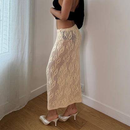 Vintage Cream Open Knit Crochet Maxi Skirt Sheer Boho Euro (XS–M)