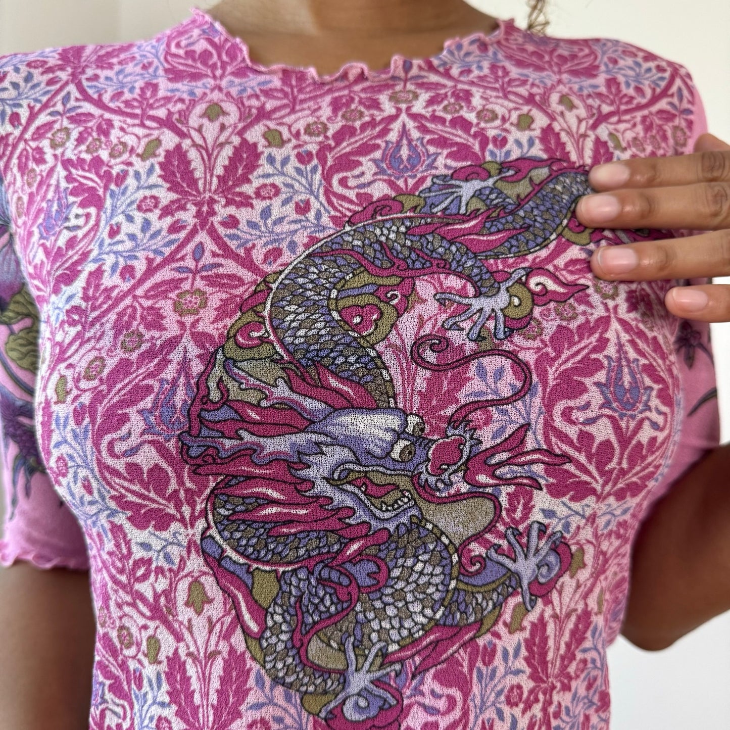 Vintage Pink Dragon Mesh Baby Tee Y2K (S)