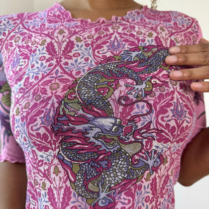 Vintage Pink Dragon Mesh Baby Tee Y2K (S)