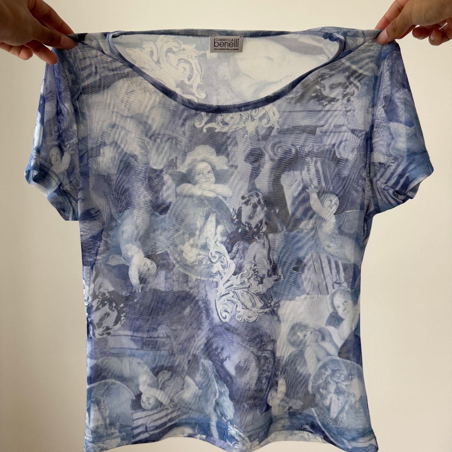 Italian Vintage Semi-Sheer Mesh Renaissance Print Baby Tee (Small/Medium)