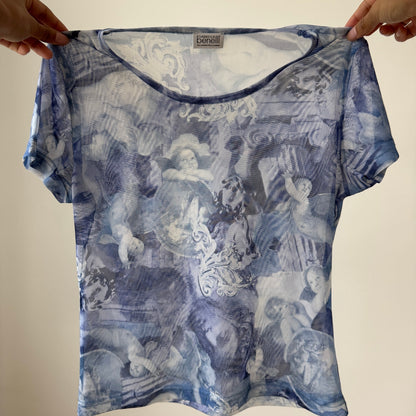 Italian Vintage Semi-Sheer Mesh Renaissance Print Baby Tee (Small/Medium)