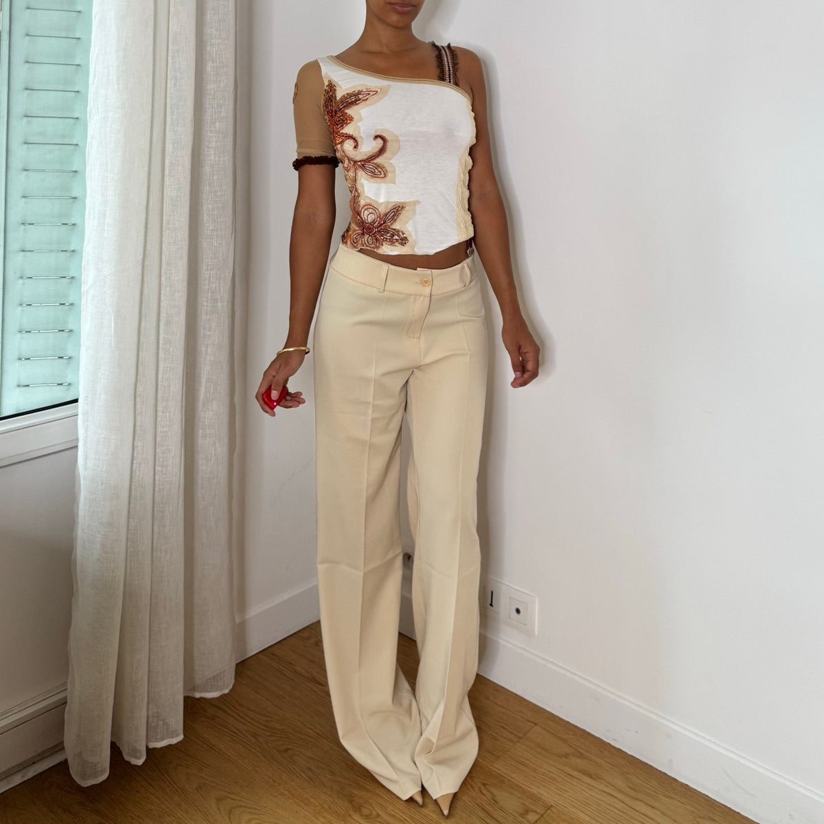 Italian vintage deadstock ivory cream low-rise tailored trousers with straight wide leg & front pleats