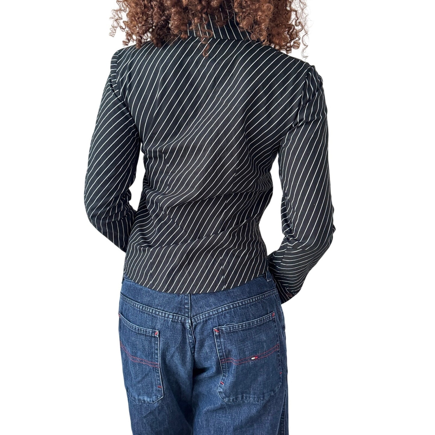 Vintage Italian Black Pinstripe Button Up Shirt Fitted Cotton (XS)