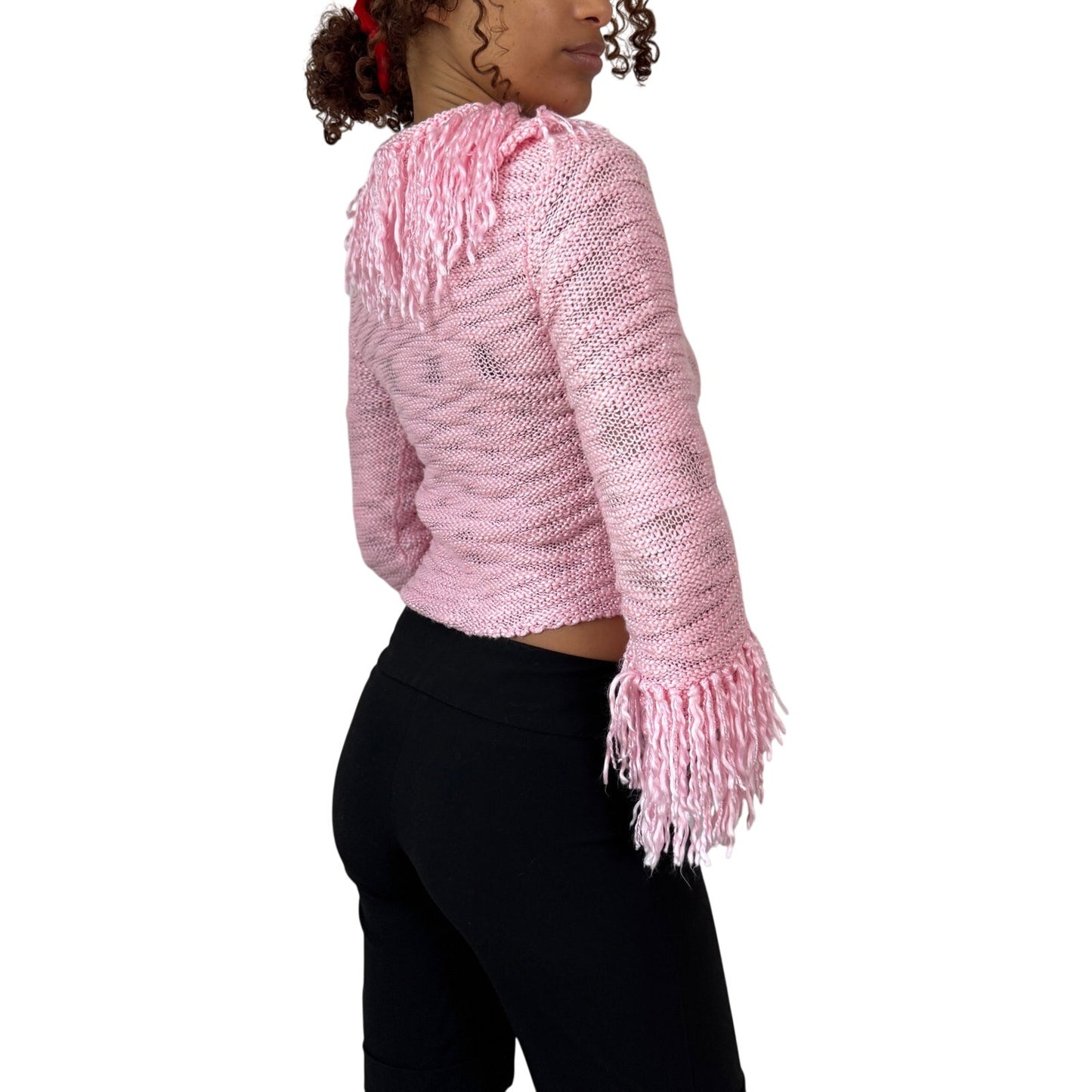 Vintage Pink Fringe Knit Cropped Jacket Zip Up Y2K Euro (XS/S)
