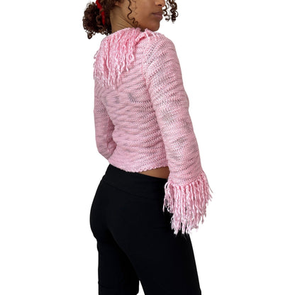 Vintage Pink Fringe Knit Cropped Jacket Zip Up Y2K Euro (XS/S)