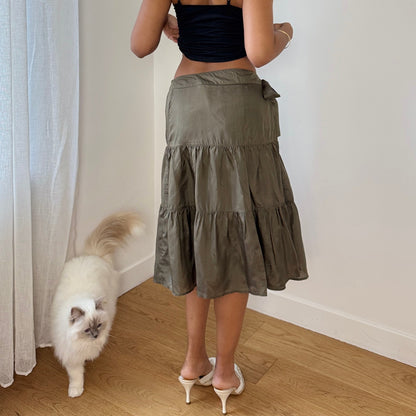 Vintage 90s Italian Silk Satin Wrap Midi Skirt Olive Tie Waist (S)