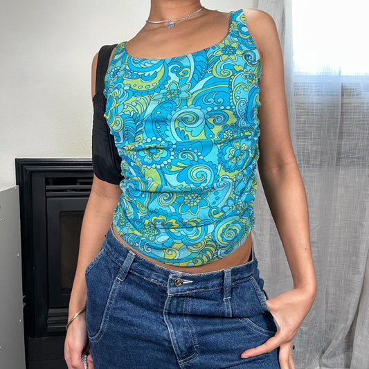 Made in Italy - Vintage Y2k Blue Mesh Print Cami top (XS-M) Rom com Coquette