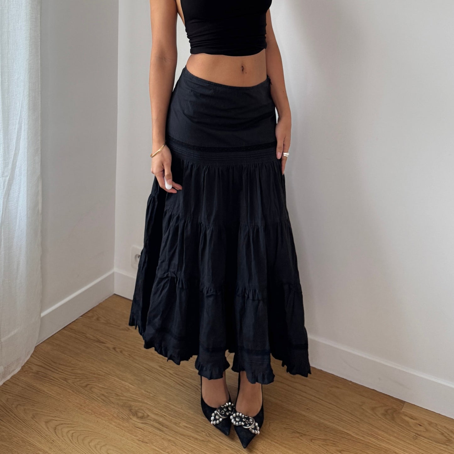 Vintage Black Tiered Midi Skirt Y2K French Cotton Blend (S)
