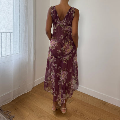 Italian Vintage Semi-Sheer Chiffon Bias-Cut Floral Midi Dress (M/L)