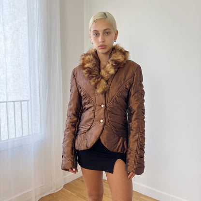 Vintage Italian Brown Faux Fur Collar Jacket (S/M)