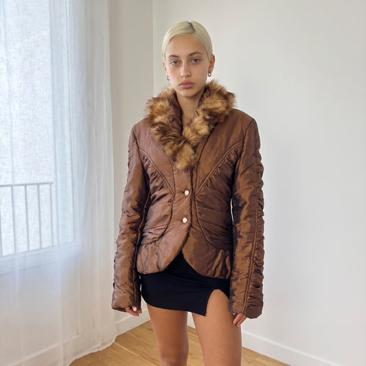 Vintage Italian Brown Faux Fur Collar Jacket (S/M)