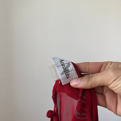 Vintage Italian Red Mesh Midi Dress Abstract Print Asymmetrical Hem (S)